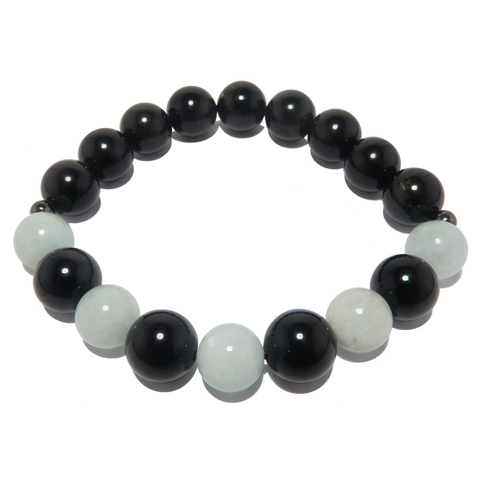 genuine blue aquamarine and black rainbow obsidian stretch bracelet beaded with gunmetal accent beads. 