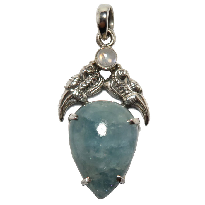 aquamarine rainbow moonstone sterling silver bird pendant