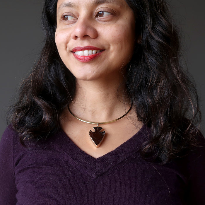 sheila of satin crystals wearing smoky quartz arrowhead necklace