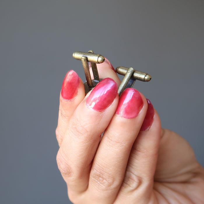green aventurine antique bronze cufflinks showing bullet clasps