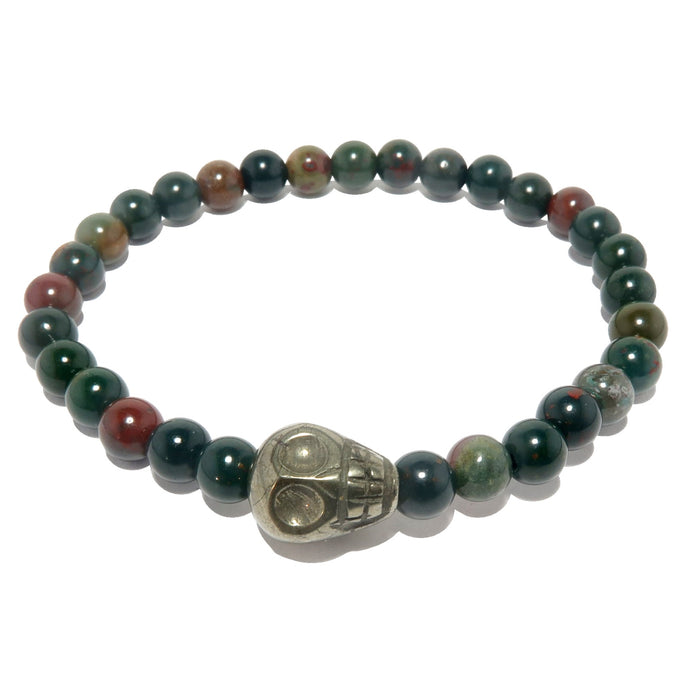 pyrite skull and round bloodstone beaded stretch bracelet