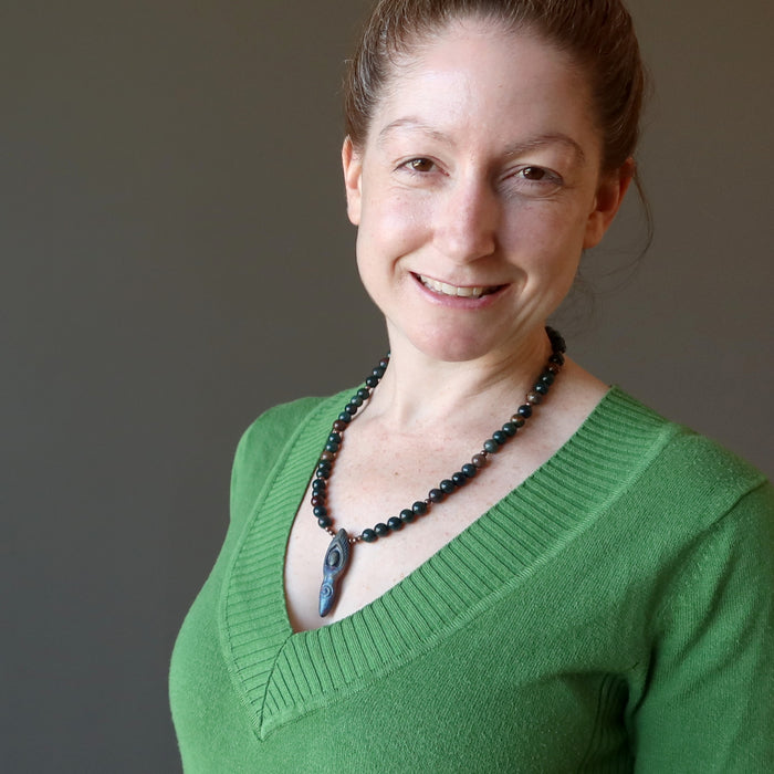 female model wearing bloodstone goddess necklace