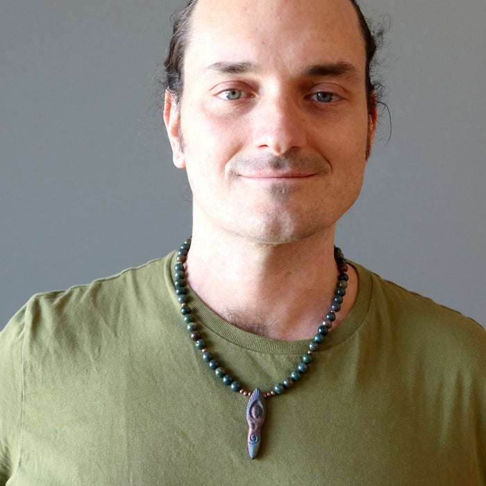 male model wearing bloodstone goddess necklace
