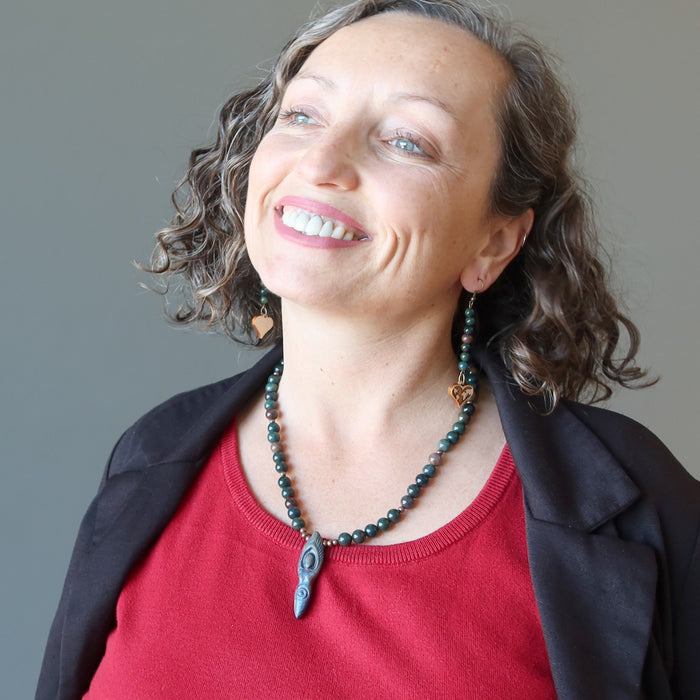 female model wearing bloodstone goddess necklace