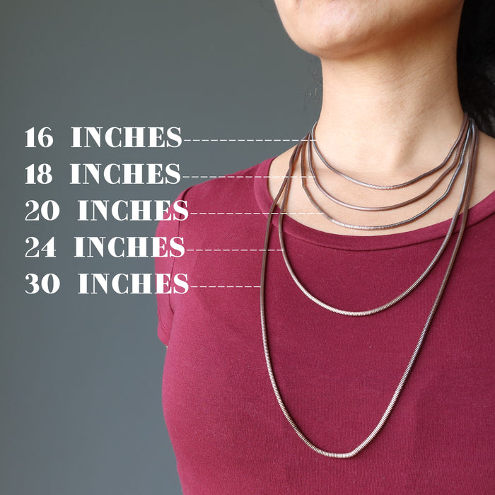 sheila of satin crystals wearing Removable End Thick Antique Brass Copper Snake Necklace showing different lengths