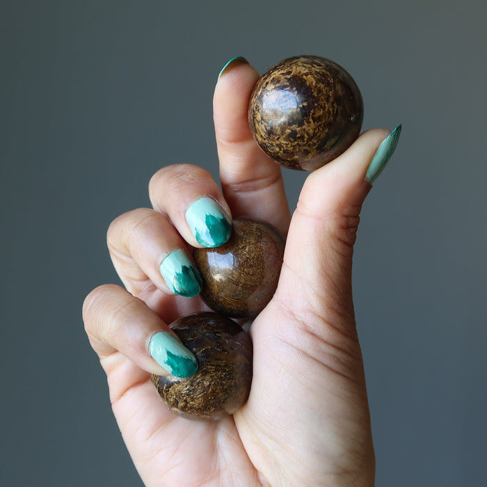 holding three Bronzite Spheres