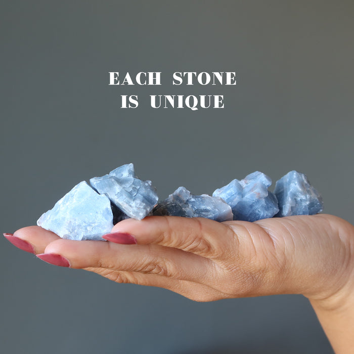 Blue Calcite Raw Gemstone Set on the palm