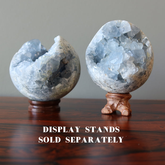 blue celestite geode balls on stands