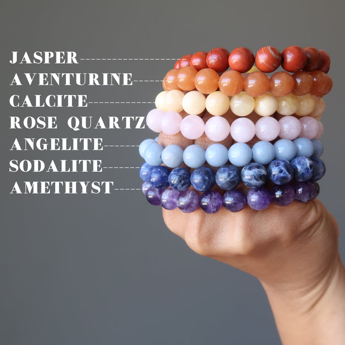 set of 7 chakra bracelets with amethyst, sodalite, angelite, rose quartz, calcite, aventurine and red jasper