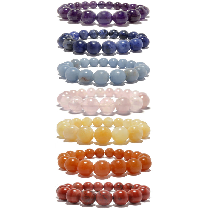 set of 7 chakra bracelets with amethyst, sodalite, angelite, rose quartz, calcite, aventurine and red jasper