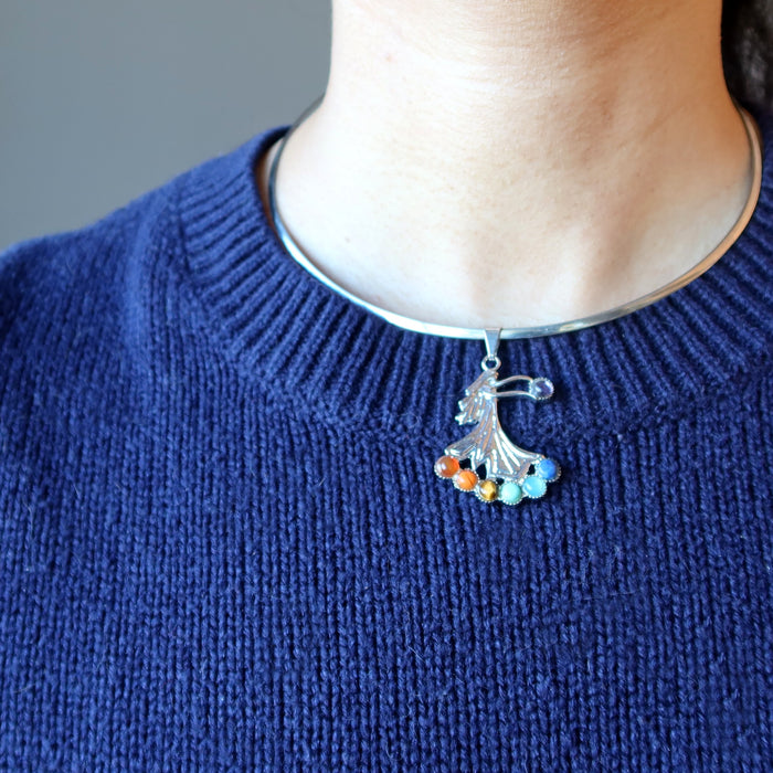model wearing Chakra Angel pendant with Silver Choker