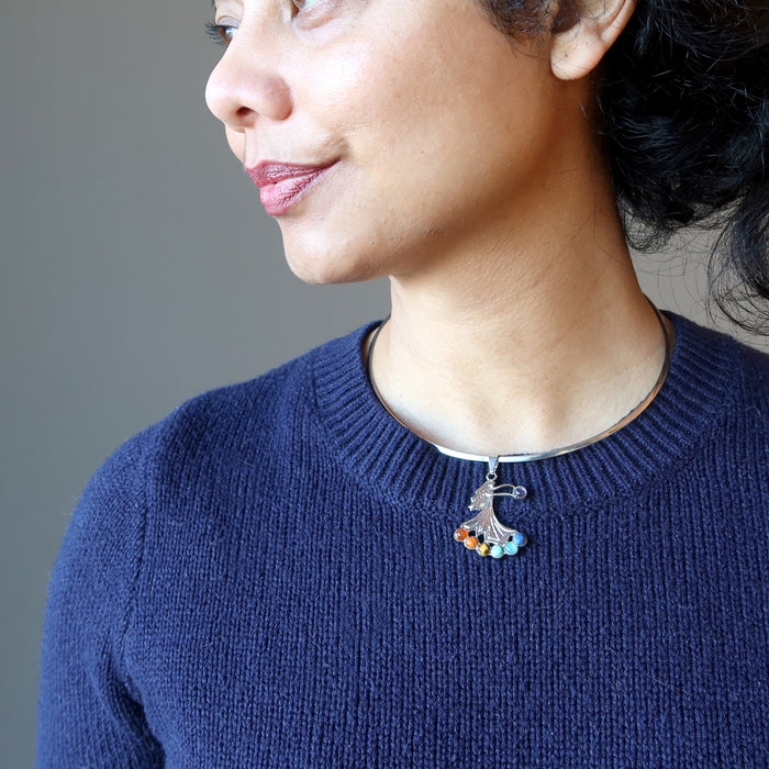 sheila of satin crystals wearing Chakra Angel pendant with Silver Choker