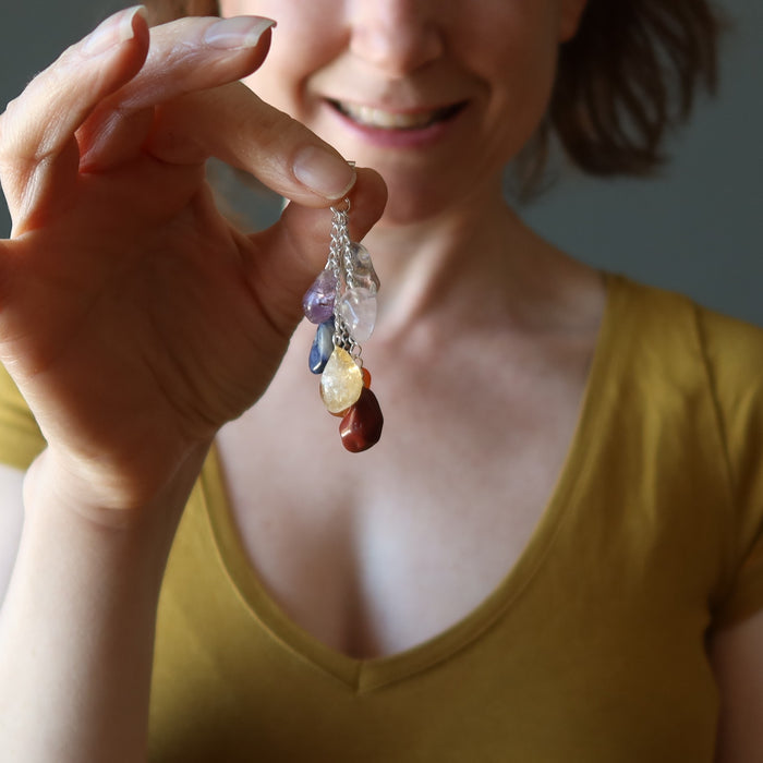 Dangling Chakra Rainbow tumbled Stone Pendant 