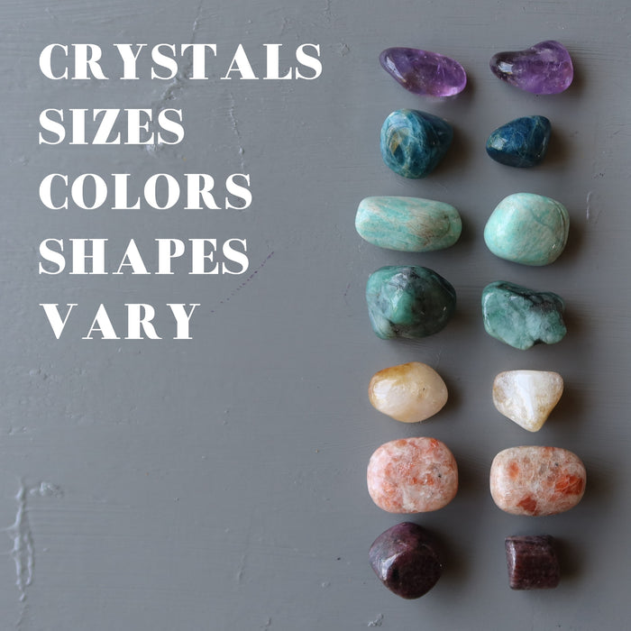 showing two chakra stones sets with amethyst, apatite, amazonite, emeral, citrine, sunstone, ruby for varying shapes and colors and sizes