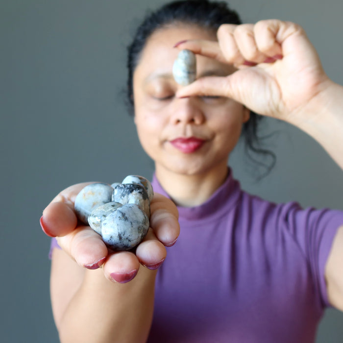 sheila of satin crystals meditating one Snow Quartz Chalcopyrite Tumbled Stone Set