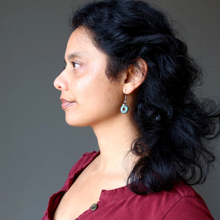 sheila of Satin Crystals wearing blue Chrysocolla donut Earrings 