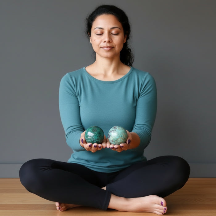 chrysocolla sphere in hands