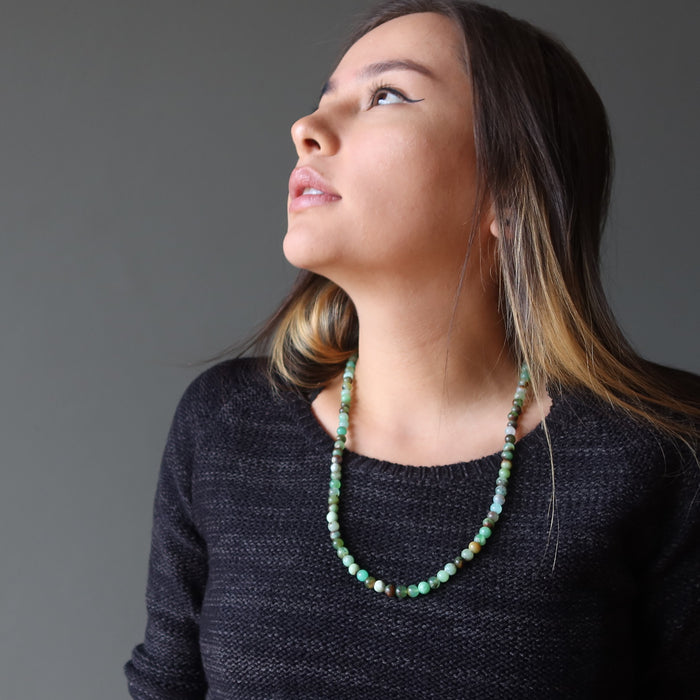 model wearing chrysoprase necklace