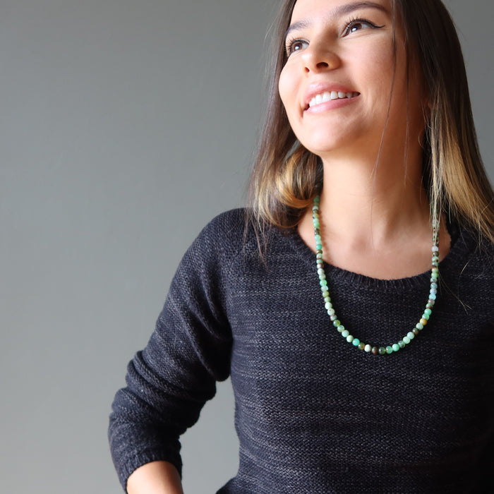 model wearing chrysoprase necklace