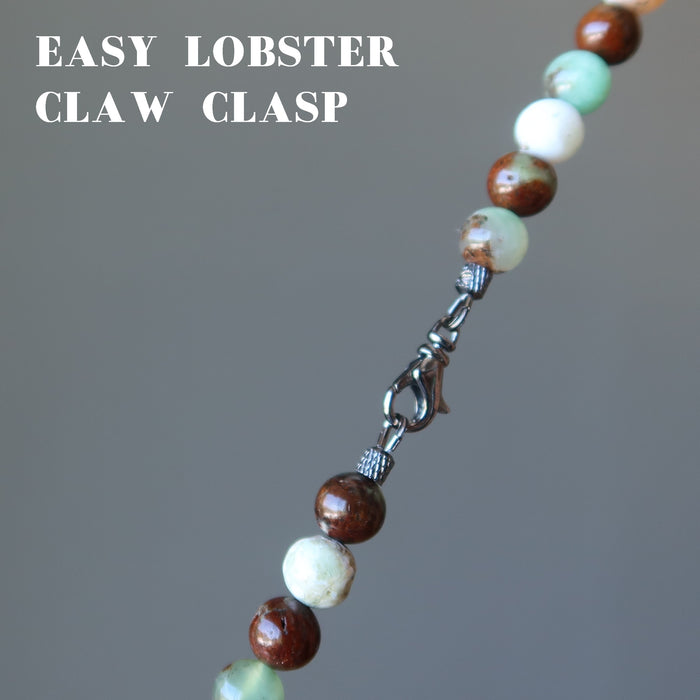showing the gunmetal lobster claw clasp of the chrysoprase beaded necklace