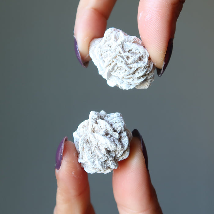 holding 2 Selenite Desert Roses one on each hand