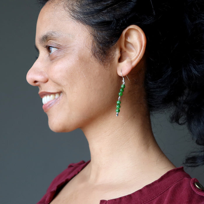 sheila of satin crystals wearing green Chrome Diopside dangling on stars sterling silver earrings