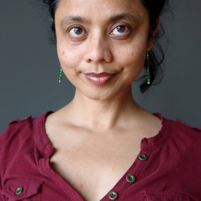 sheila of satin crystals wearing green Chrome Diopside dangling on stars sterling silver earrings