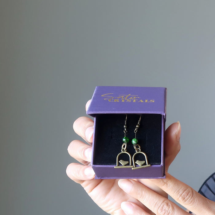 satin crystals box with green diopside on birdcage dangle earrings