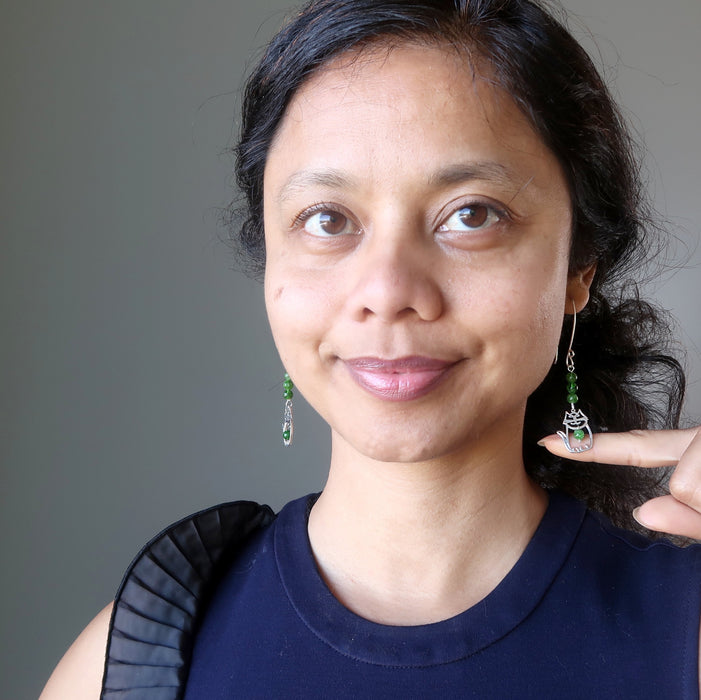 sheila of satin crystals wearing sterling silver cat and green diopside gemstone earrings