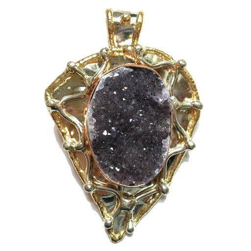 2.6 x 1.8 inches oval Druzy Amethyst Gold Leaf framed Pendant 