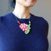 model wearing Red Coral Green Aventurine Serpentine Flower Embroidered Necklace 
