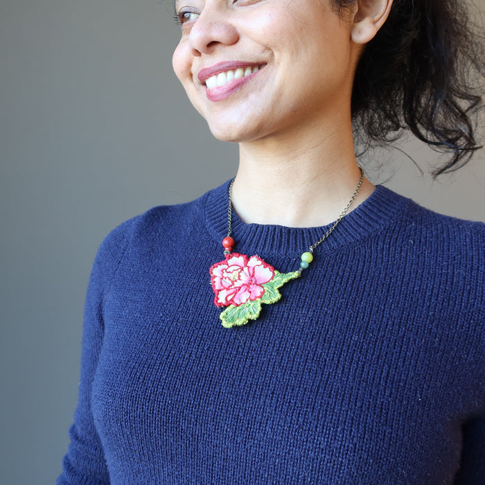 sheila of satin crystals wearing Red Coral Green Aventurine Serpentine Flower Embroidered Necklace 