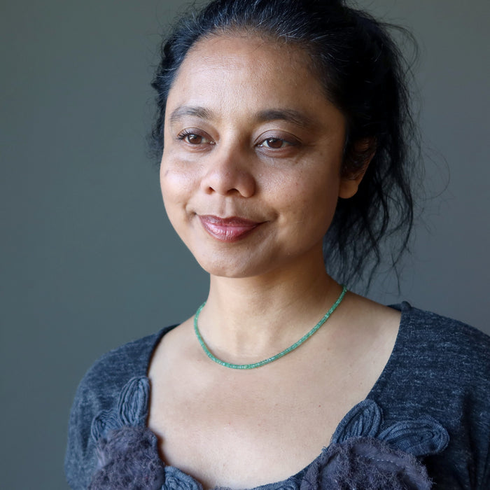 sheila of satin crystals wearing Emerald Necklace