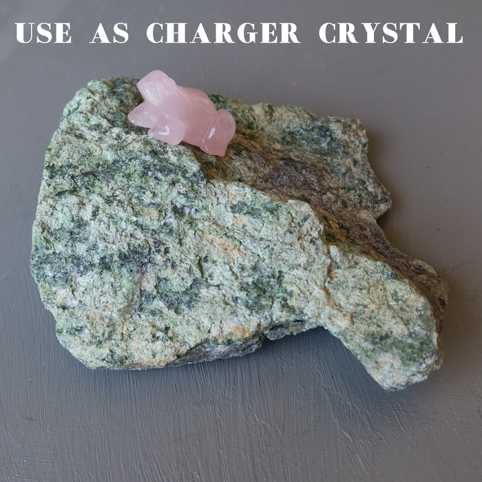 rough green epidote standing mineral stone with rose quartz frog
