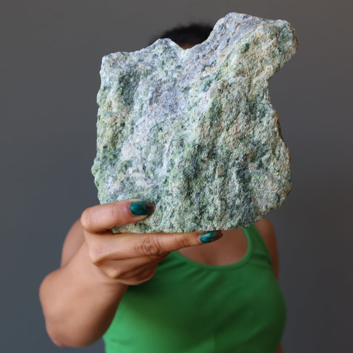 rough green epidote standing mineral stone