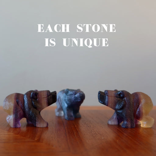 three  Carved Rainbow Fluorite Bear Statues each is unique