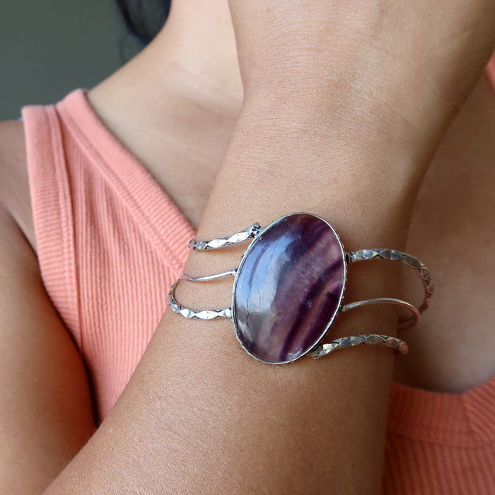 model wearing Purple Fluorite Cuff Bracelet 