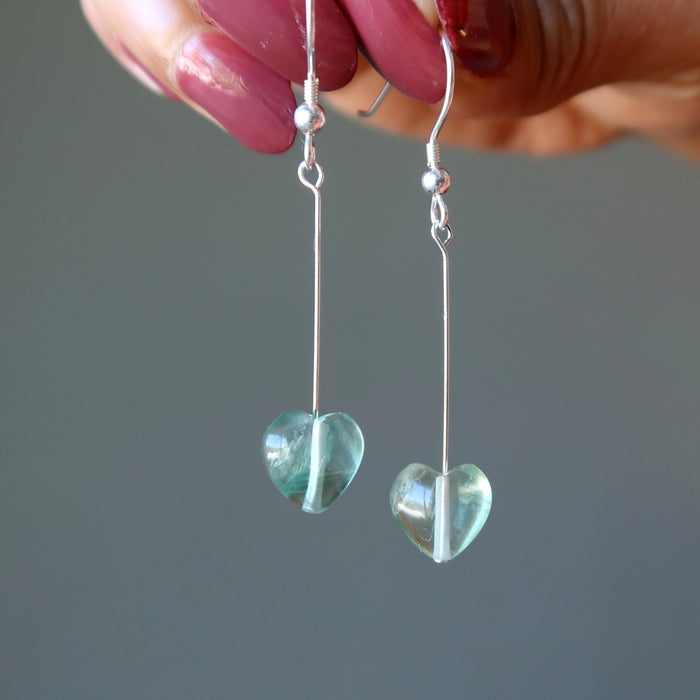 Fluorite Earrings Crystal Clear Green Heart Sterling Silver