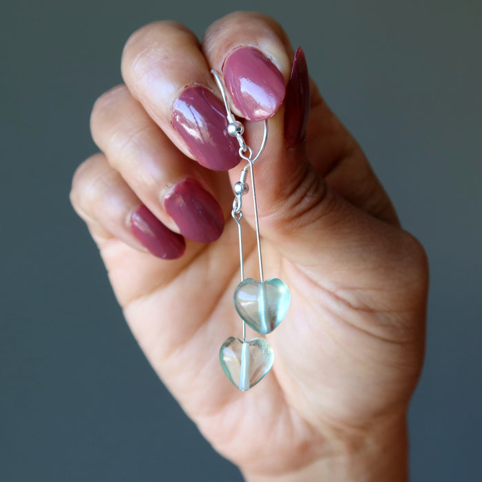 Fluorite Earrings Crystal Clear Green Heart Sterling Silver