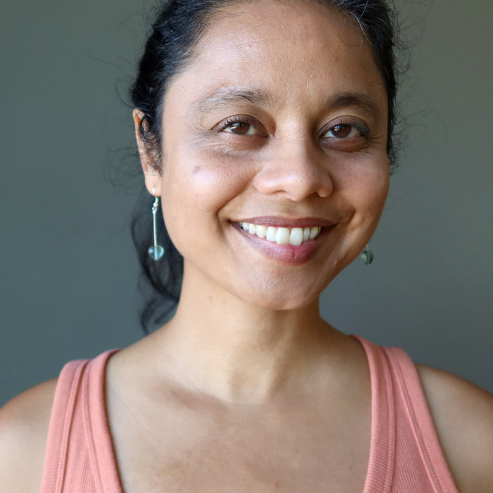 sheila of satin crystals wearing Fluorite heart Earrings on sterling silver
