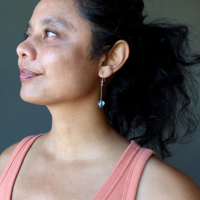 sheila of satin crystals wearing Fluorite heart Earrings on sterling silver