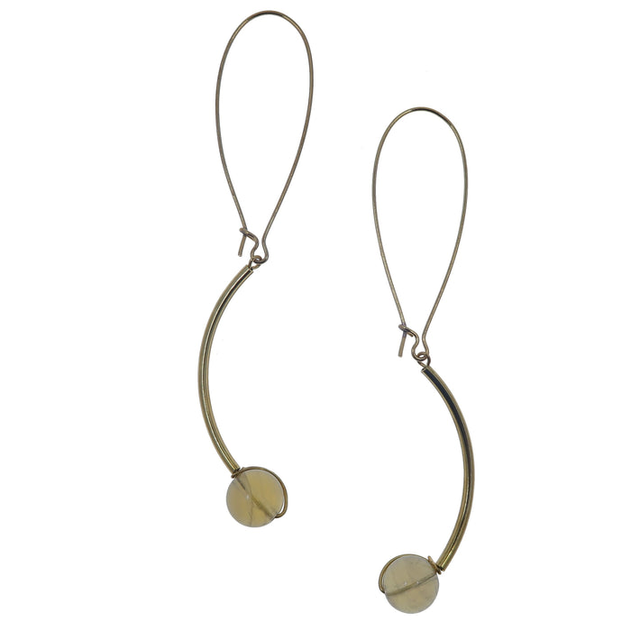 yellow golden fluorite round beads wrapped on long gold earrings