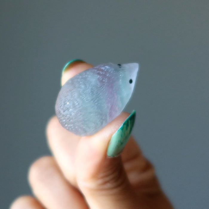 finger tips holding Rainbow Fluorite Hedgehog 