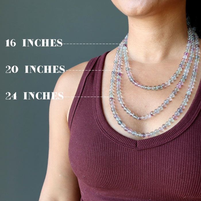 sheila of satin crystals wearing 3 different sizes Beaded Rainbow Fluorite Necklaces (16, 20, 24 inch length) 
