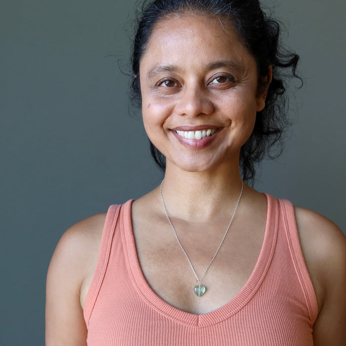 sheila of satin crystals wearing a Green Heart Fluorite necklace on sterling silver chain