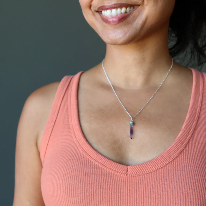 wearing Purple Rainbow Fluorite Pendant on Sterling Silver