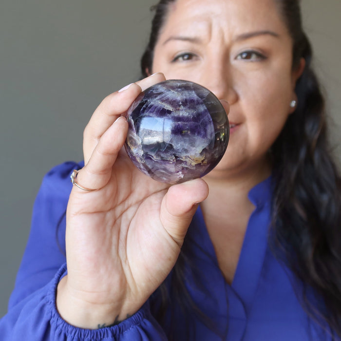 model holding green purple rainbow Fluorite Sphere