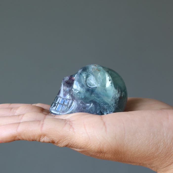 palm holding green purple rainbow Fluorite Skull
