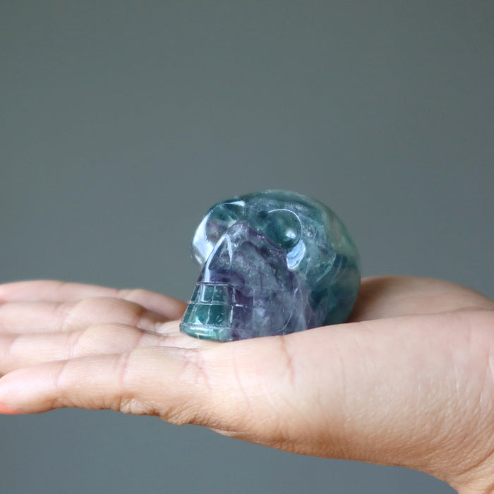 palm holding green purple rainbow Fluorite Skull