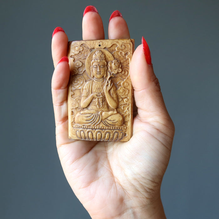 Ox Bone Fossil Pendant Spiritual Buddha Lotus Flower Amulet